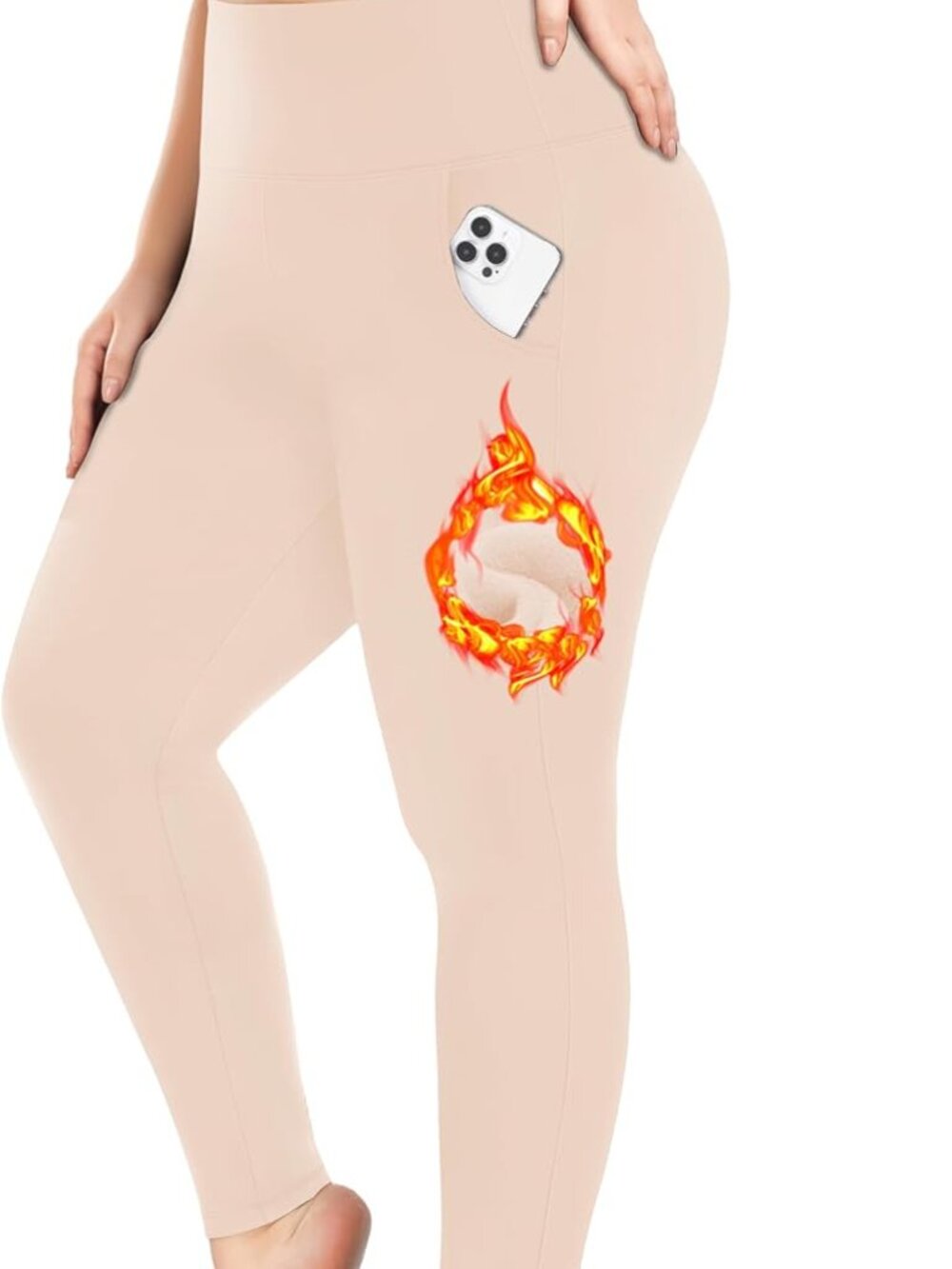 Plus Beige High Waist Pockets Warm Thermal Fleece Lined Leggings Yoga Pants 4XL